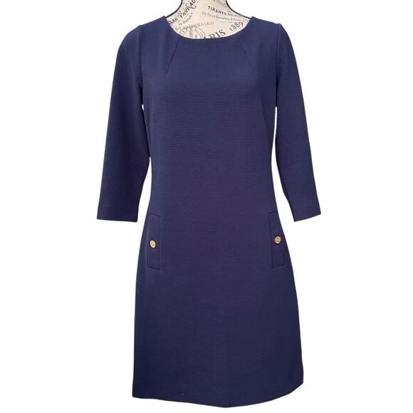 Lilly Pulitzer Charlene Blue Sheath Dress 3/4 Sleeve Scoop Neck in Size Small - Picture 3 of 12
